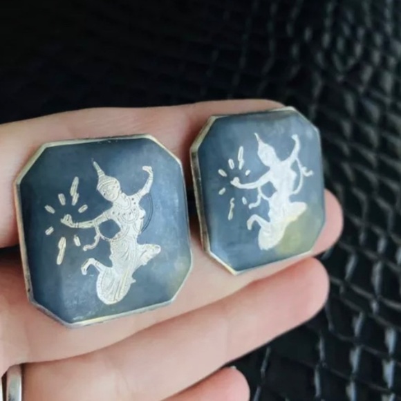 ROYAL SIAM NIELLO ENAMEL STERLING XL CUFFLINKS - Picture 3 of 4